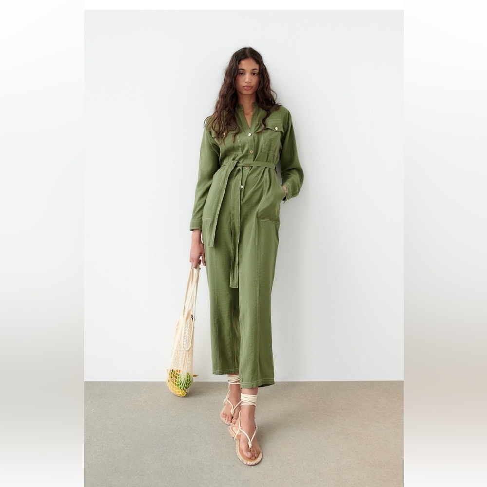 ZARA Khaki Green Long Sleeve Belted Ankle Length Jumpsuit Pants